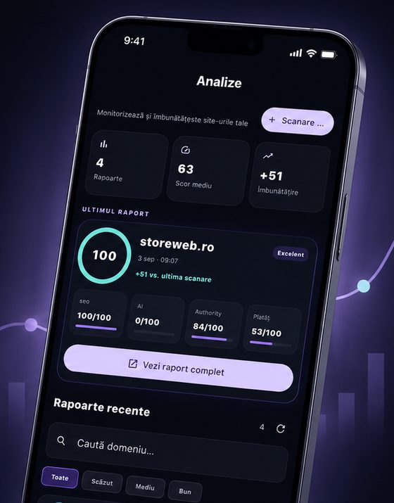 Aplicația VISIO: scorul site-ului în Google și AI, rapoarte și îmbunătățiri